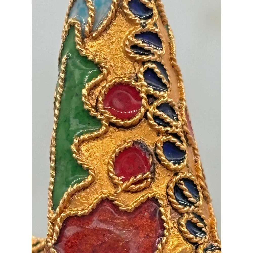 Cloisonne Red Enamel Gold Metal Holly Floral Star Christmas Hanging Ornament EUC